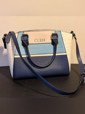 GUESS Croc-Embossed Tri-Panel Satchel in Navy, Light Blue & Cream